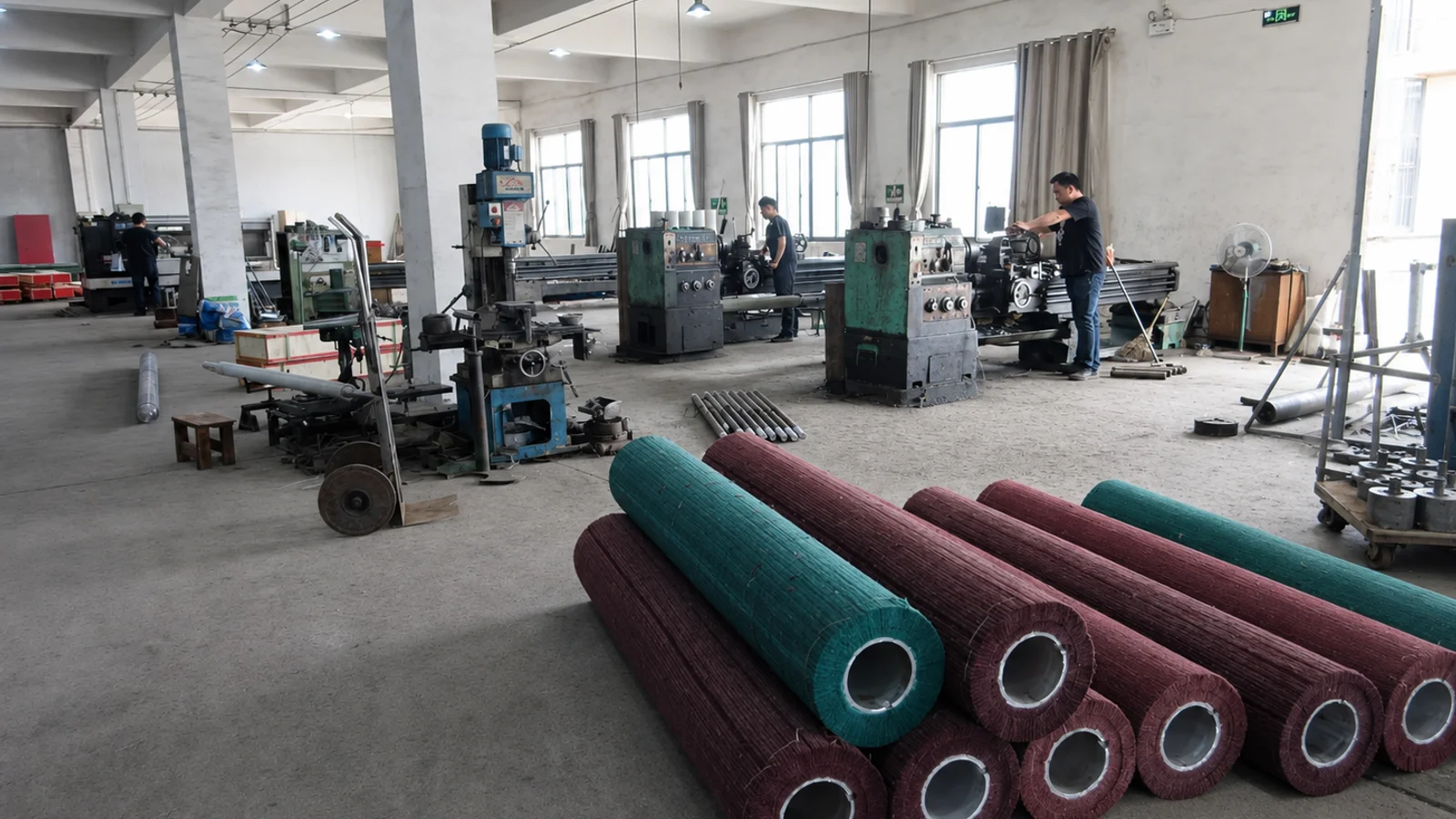 Brushcustom production workshop with industrial roller brushes and manufacturing equipment