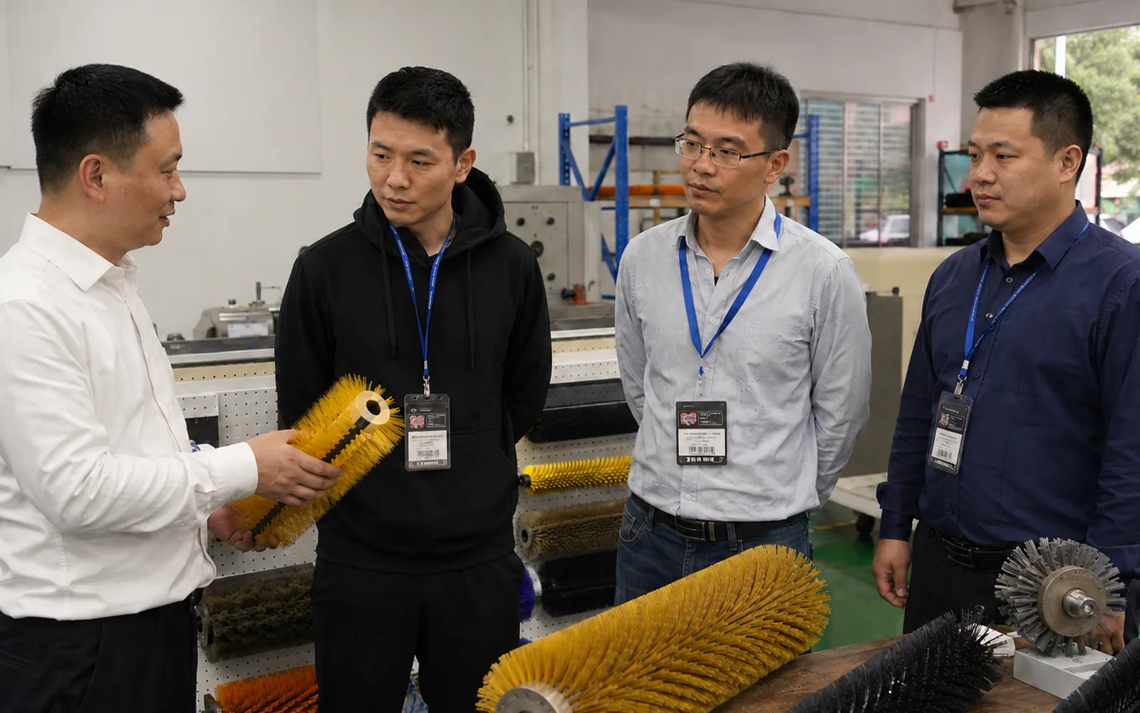 Brushcustom team reviewing industrial brush samples and dimensions before production