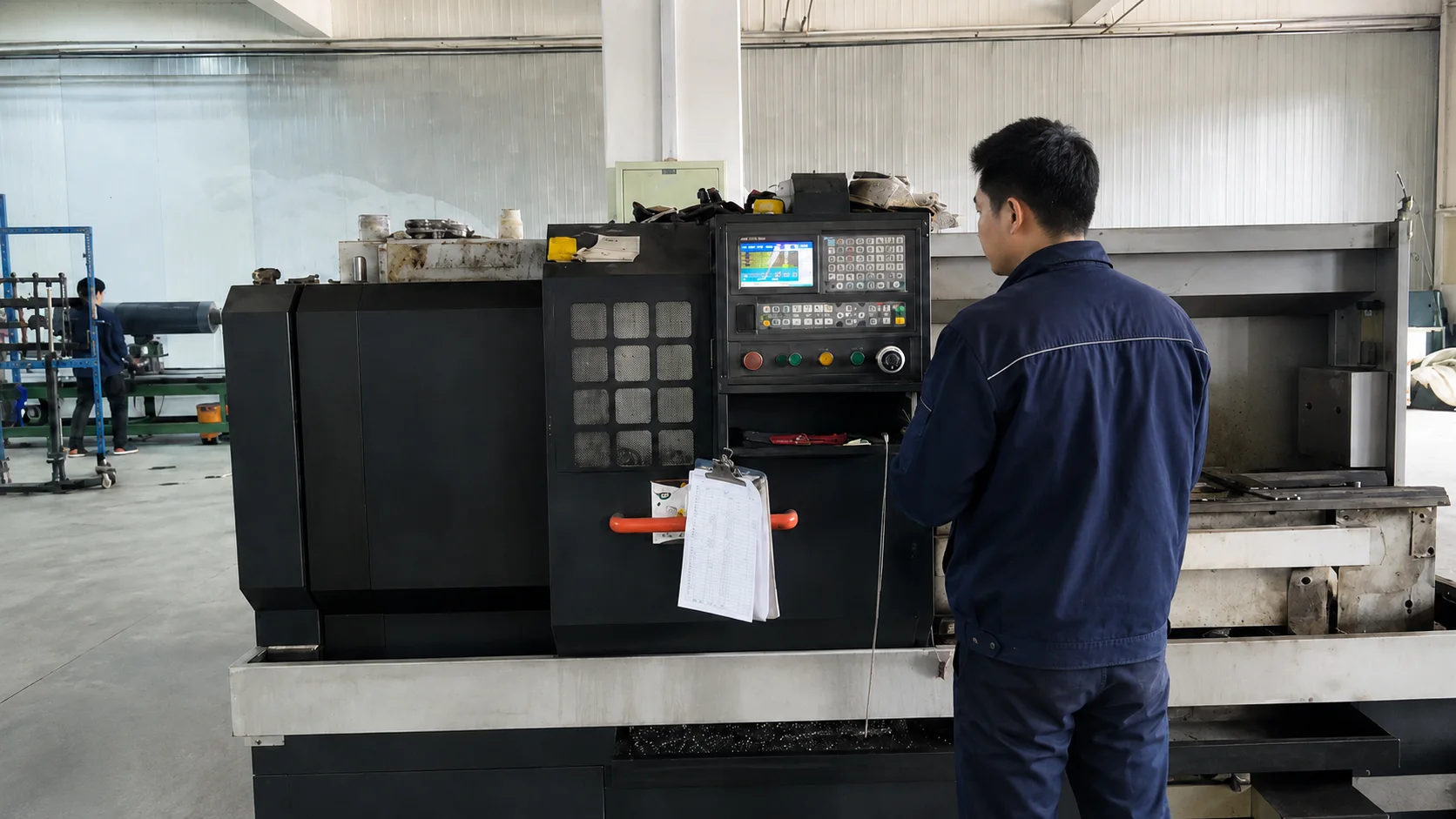 Operator machining industrial brush components, cores, and shafts