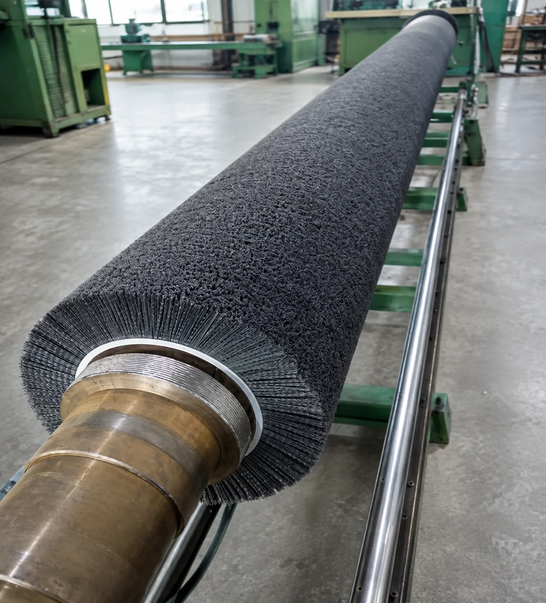 Finished custom industrial roller brush prepared for quality inspection