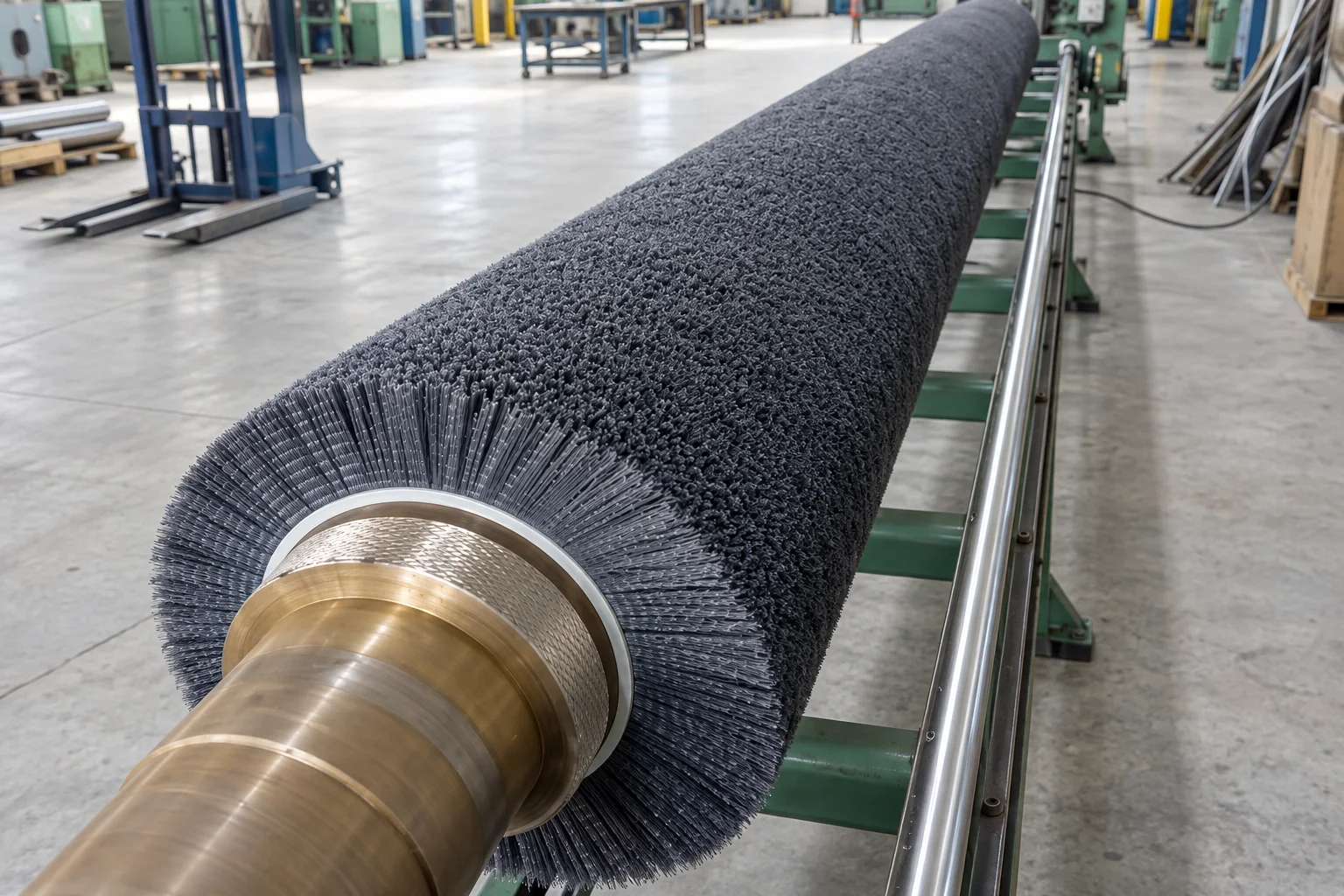 Custom abrasive filament brush roller with steel shaft