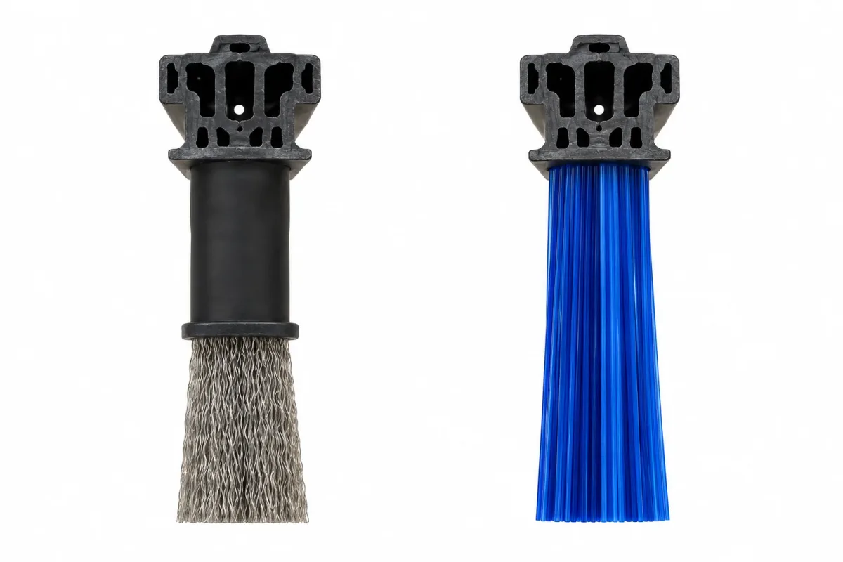 Steel-wire and blue polypropylene runway brush cassettes showing their base profiles