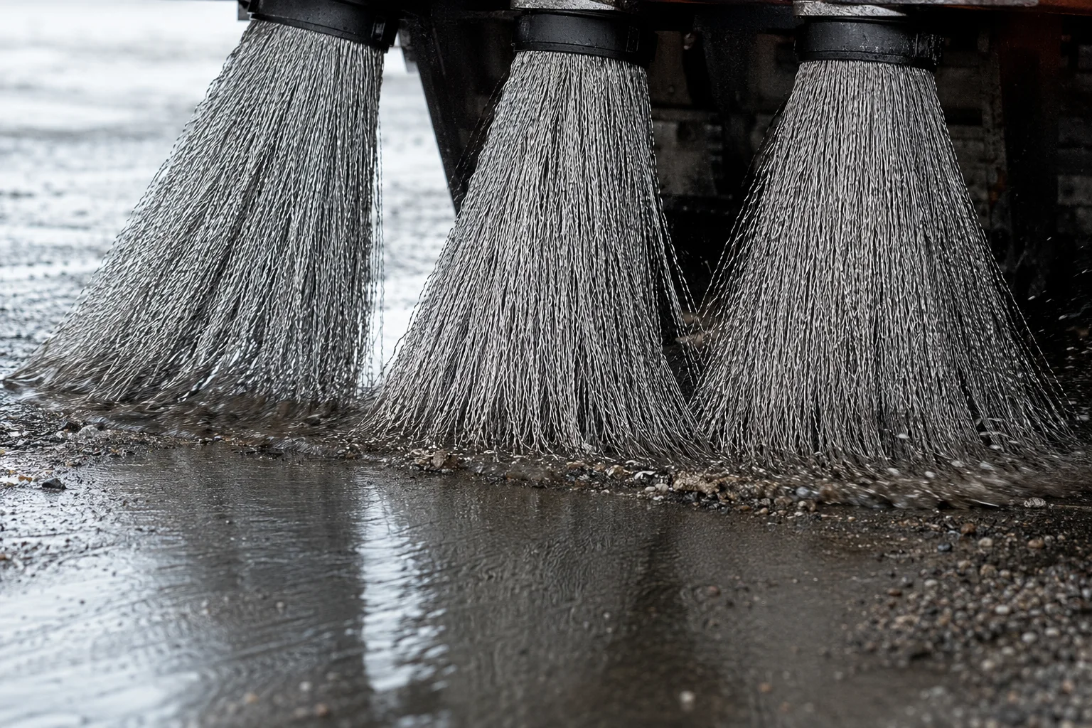 Custom airport runway brush cassettes operating on wet pavement