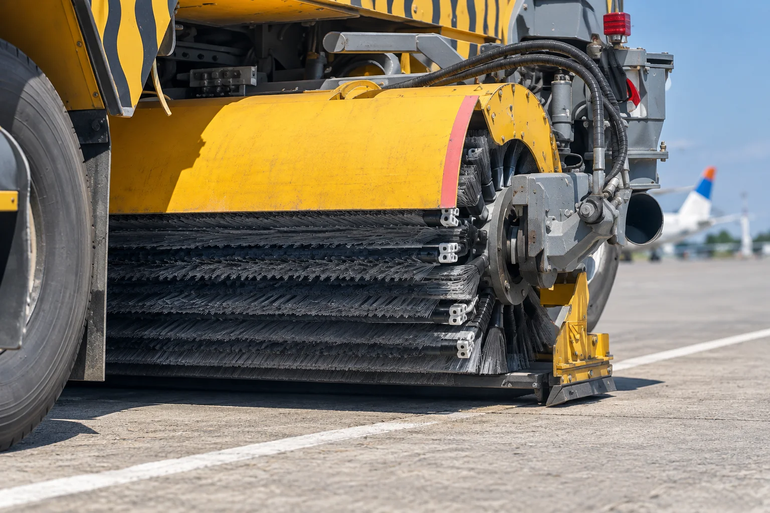 Airport runway sweeper cassette brush installed on runway maintenance equipment