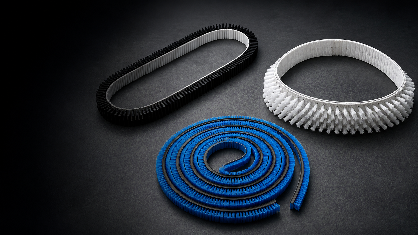 Flat, toothed, and V-belt brush constructions for conveyor equipment