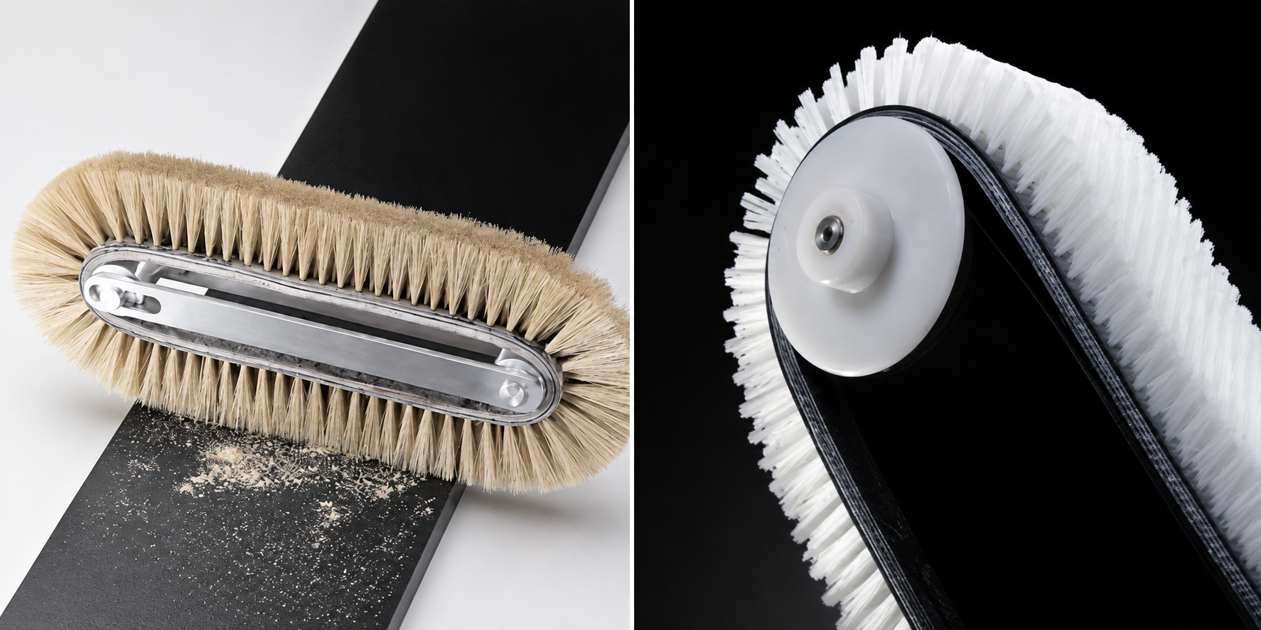 Conveyor belt brush used for industrial cleaning and product handling