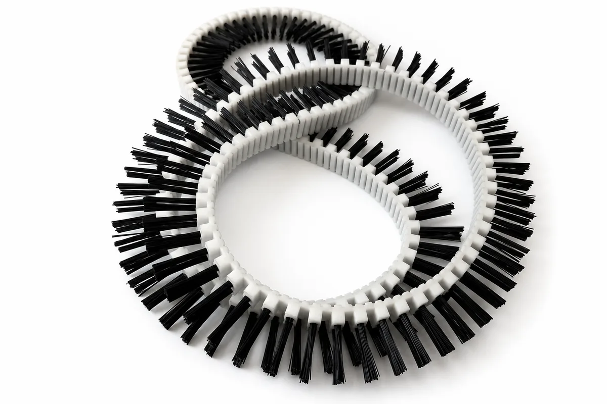 White polyurethane toothed timing belt brush with black nylon filament tufts