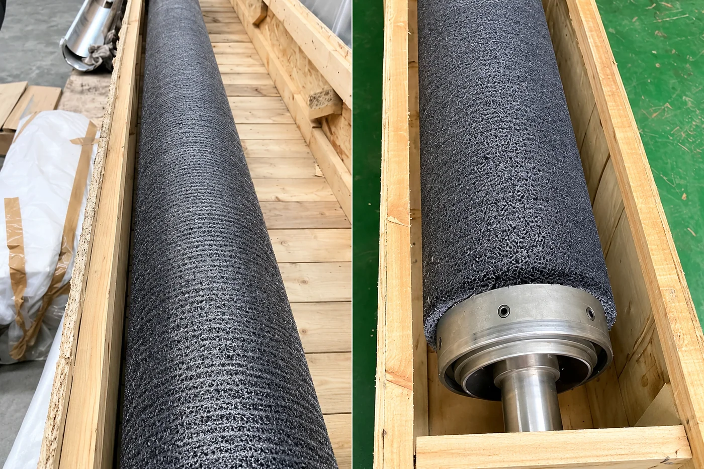 Long brush furnace roll fitted and protected inside a wooden shipping crate