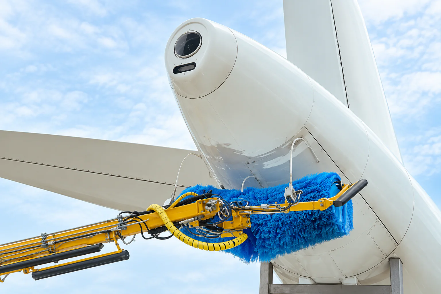 Custom rotating contact brush on automated aircraft washing equipment