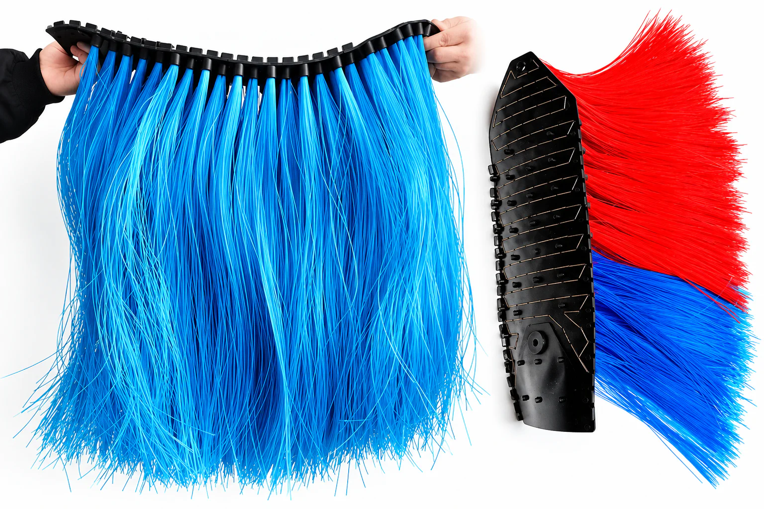 Flagged filament car wash brush modules with flexible base
