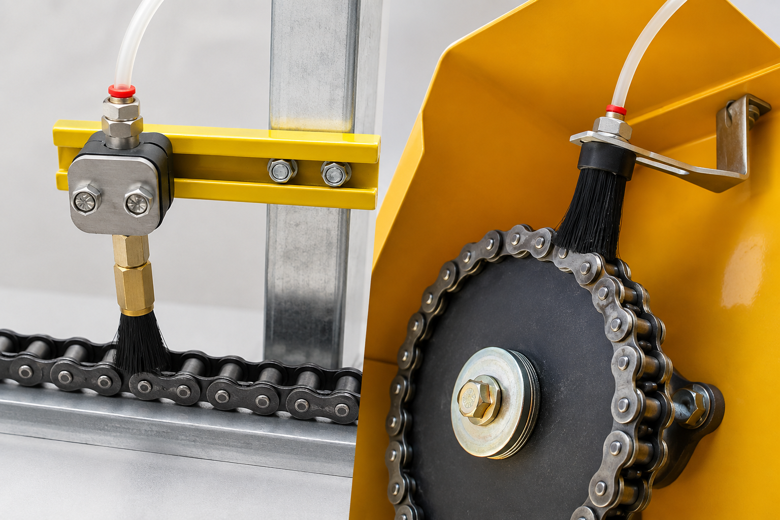 Automatic lubrication brushes applying oil to an industrial chain and sprocket