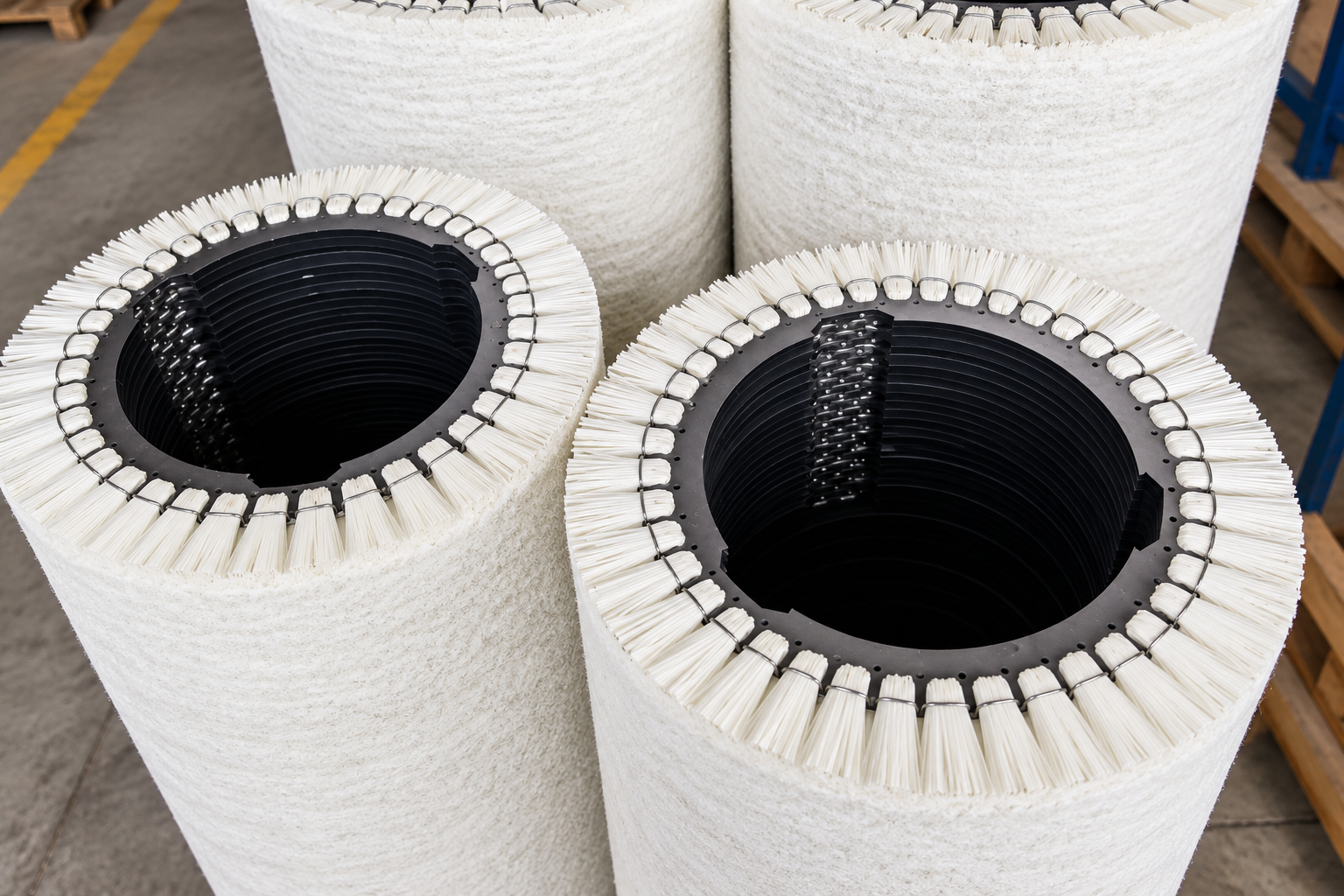 Abrasive nylon filaments and bundles for disc-type brush rolls