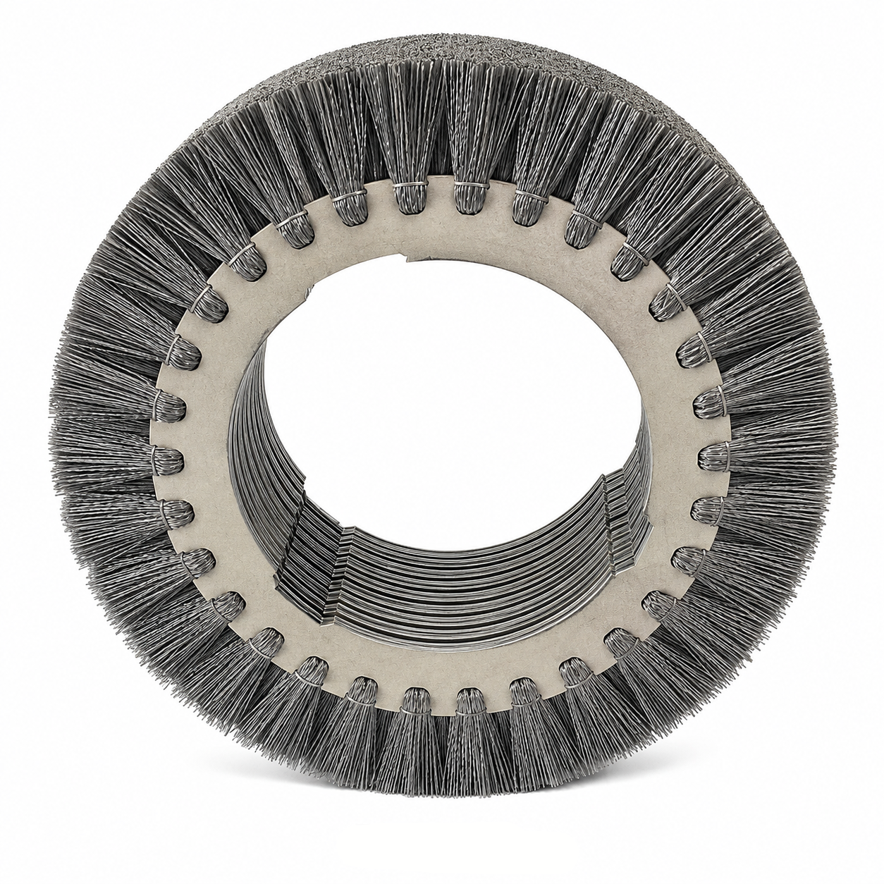 Stacked disc-type brush roll with radial filament bundles