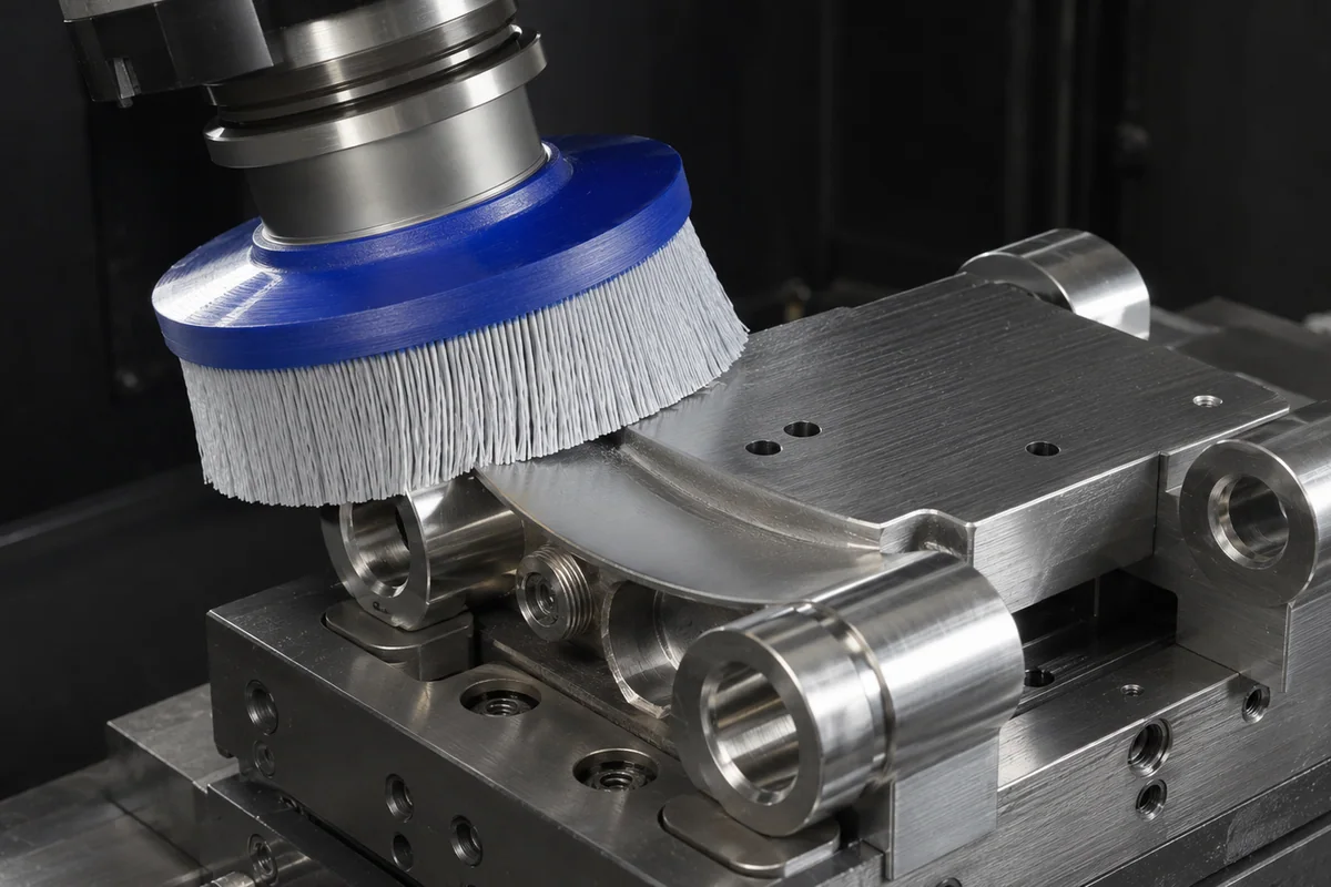 Disc brush performing edge rounding on a metal sheet edge