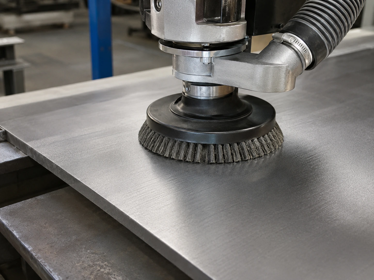 Disc brush used for surface conditioning on a flat metal panel