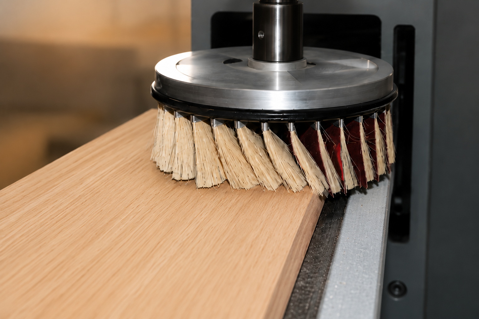 Tampico and abrasive paper disc brush sanding and polishing a wood panel