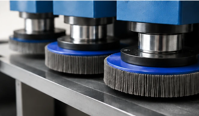 Disc brushes installed on industrial equipment for consistent edge rounding