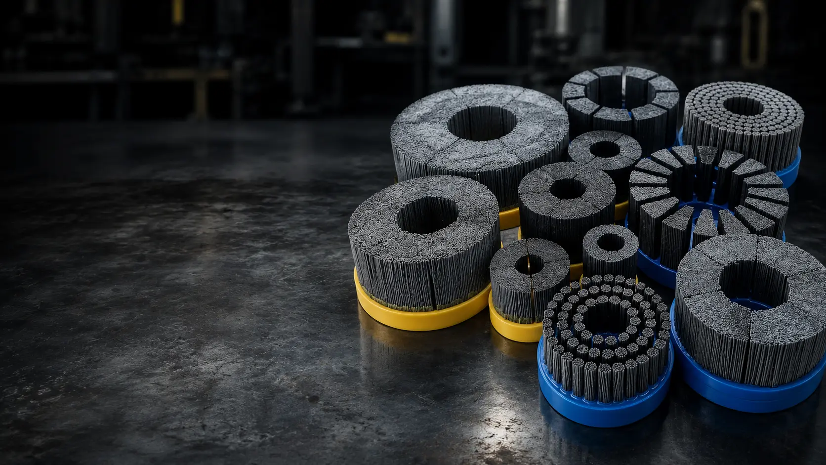 Industrial disc brush assortment arranged for custom disc brush manufacturing