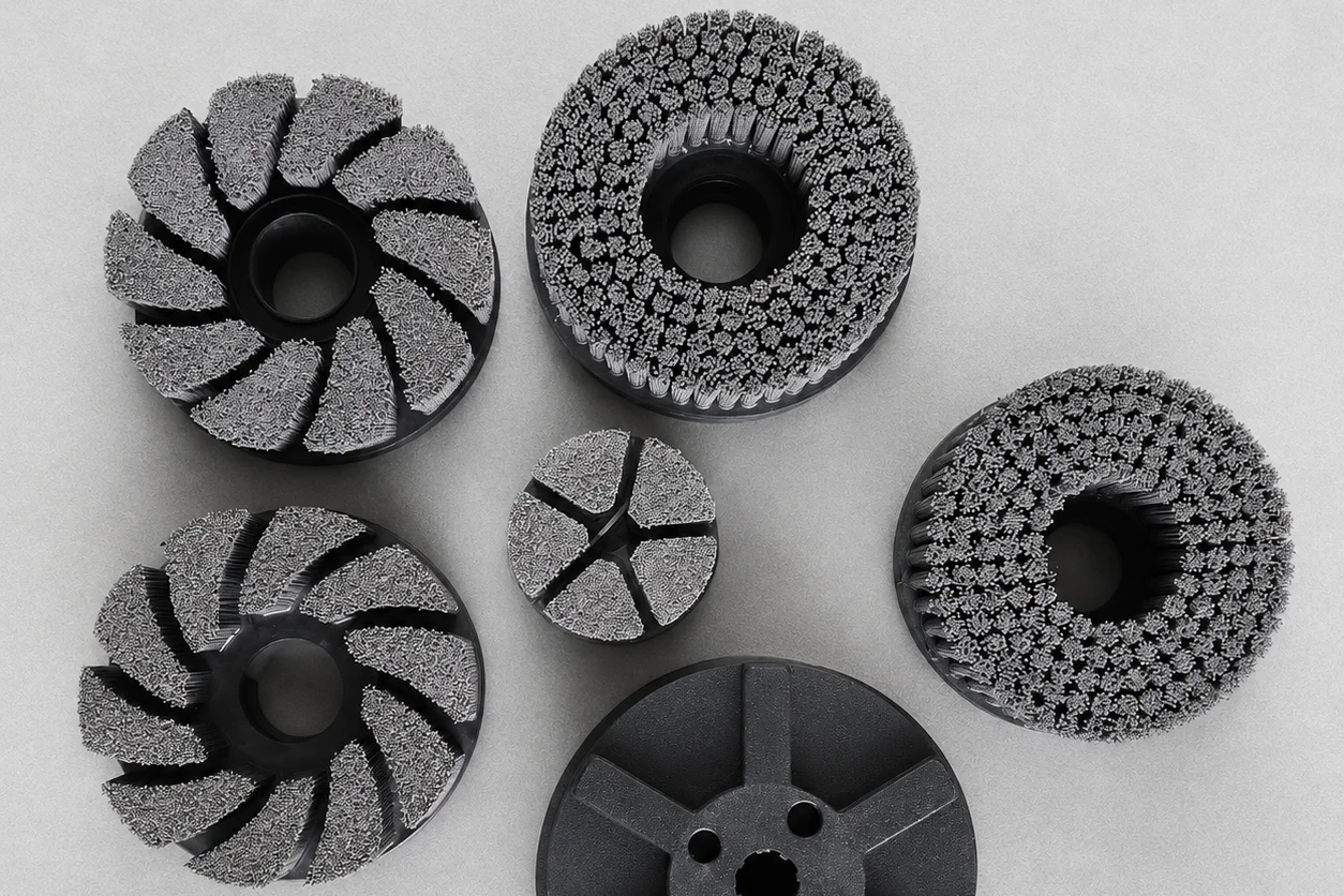 Disc brush with silicon carbide abrasive filament for deburring and edge rounding
