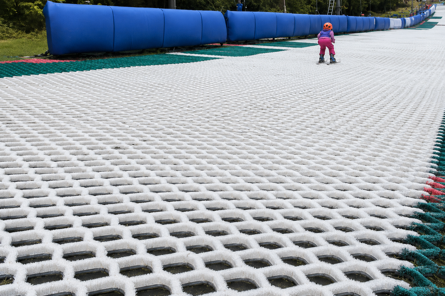 Artificial dry ski slope surface assembled from white bristle mat sections