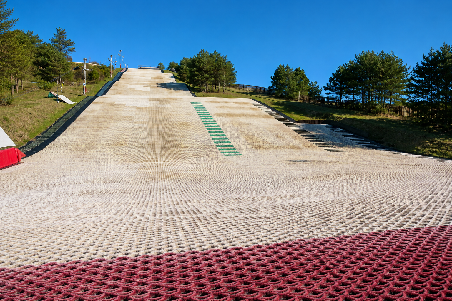 Dry ski slope covered with diamond-pattern bristle matting