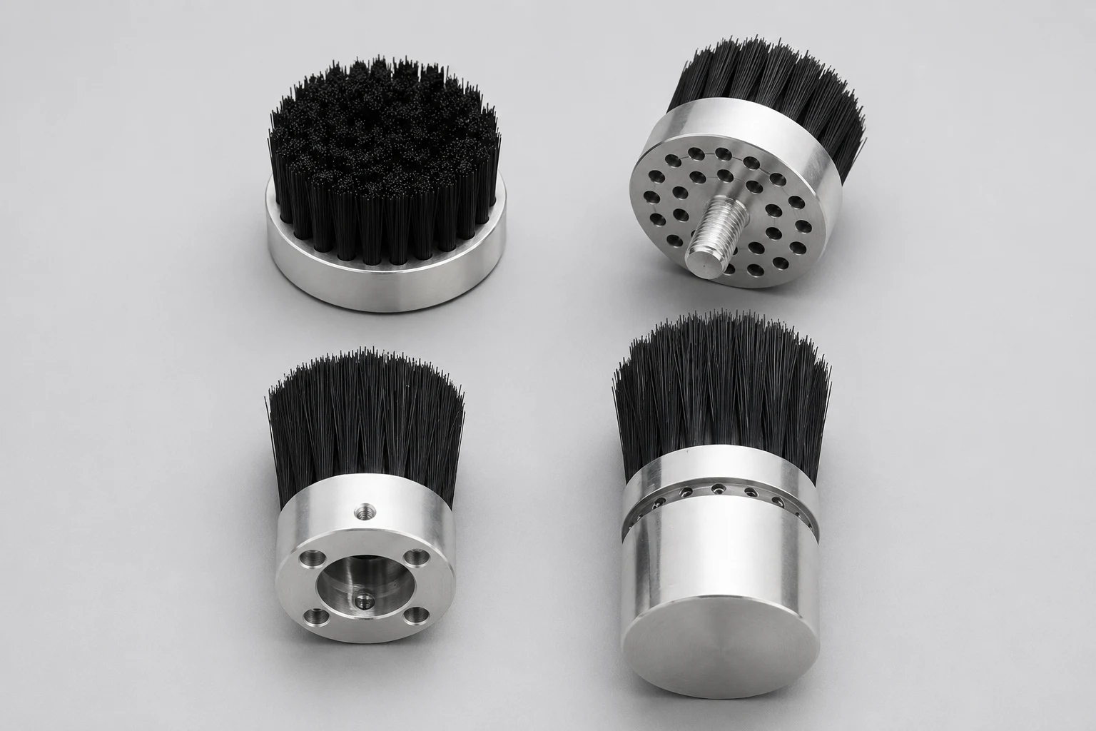 Custom-mounted end brushes with drawing-defined bodies, bores, flanges, and mounting patterns