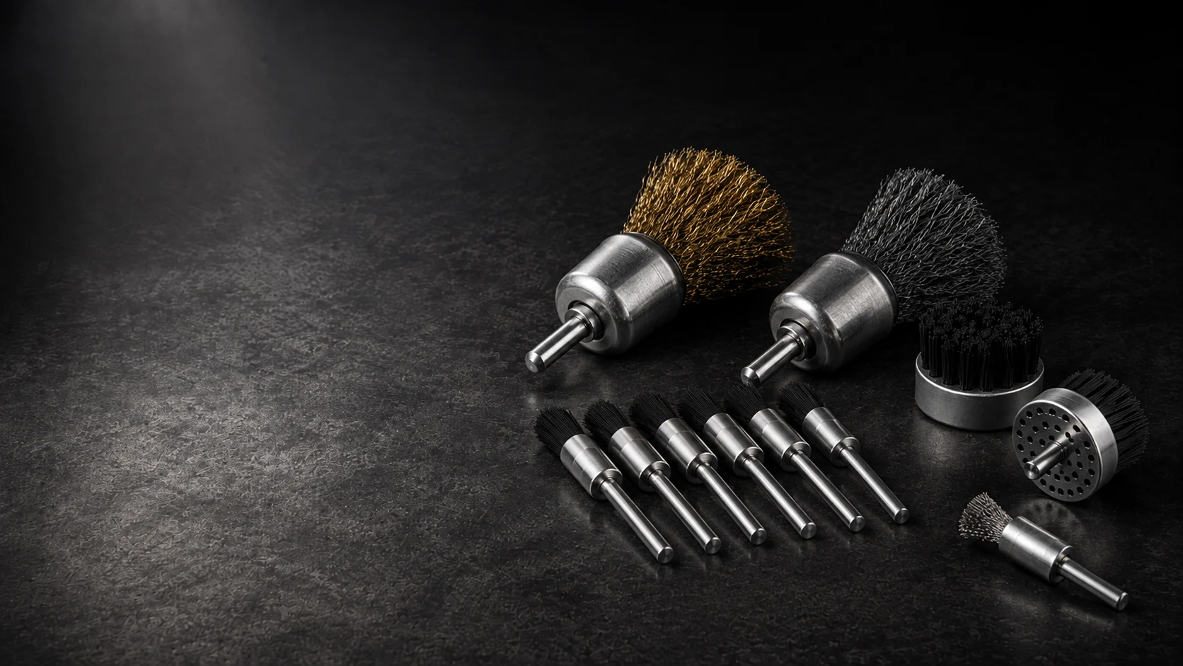 Assortment of tufted, straight wire, crimped wire, knot wire, abrasive nylon, and miniature end brushes