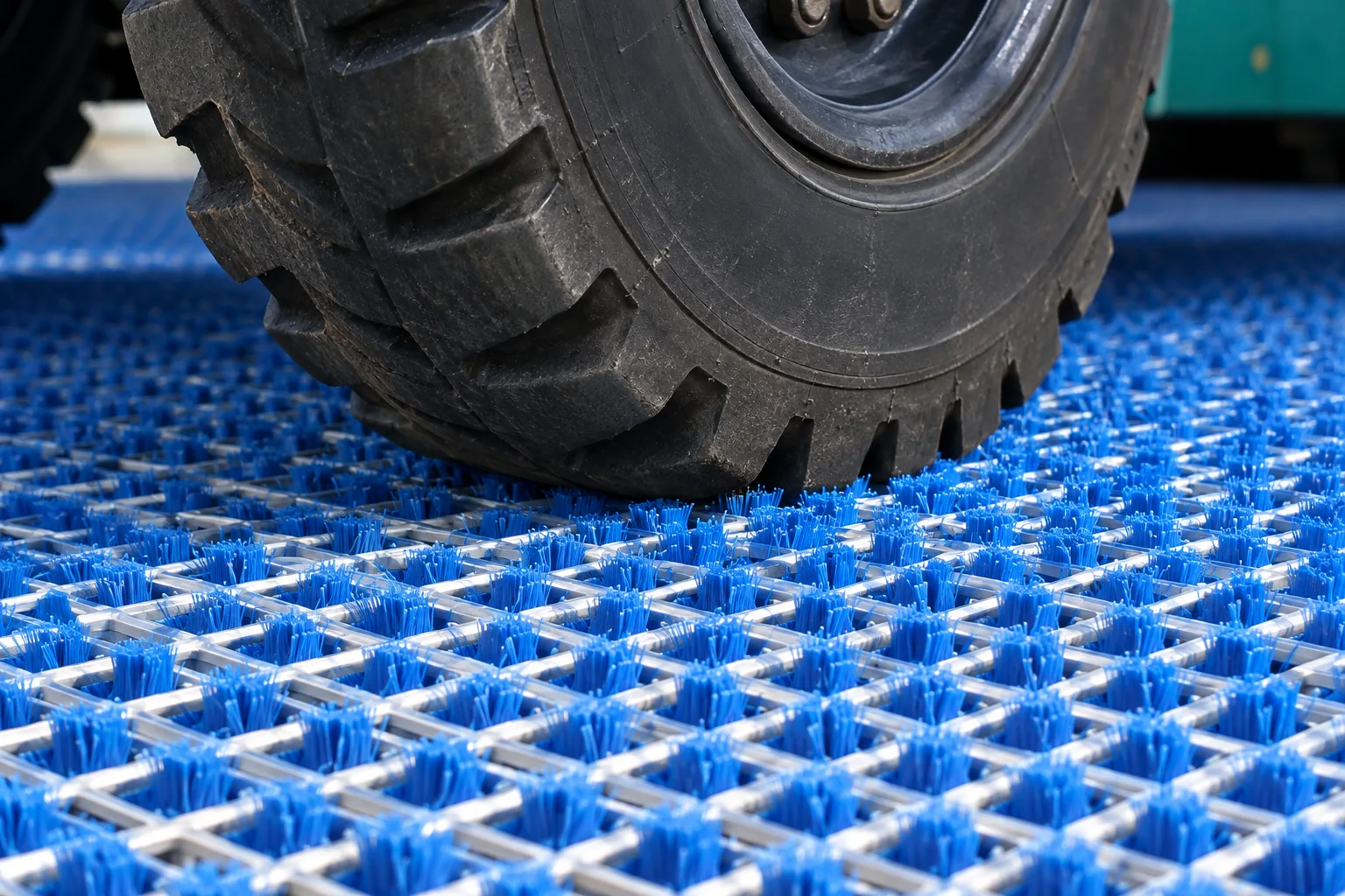 Custom forklift wheel cleaning mat with steel frame and angled brushes