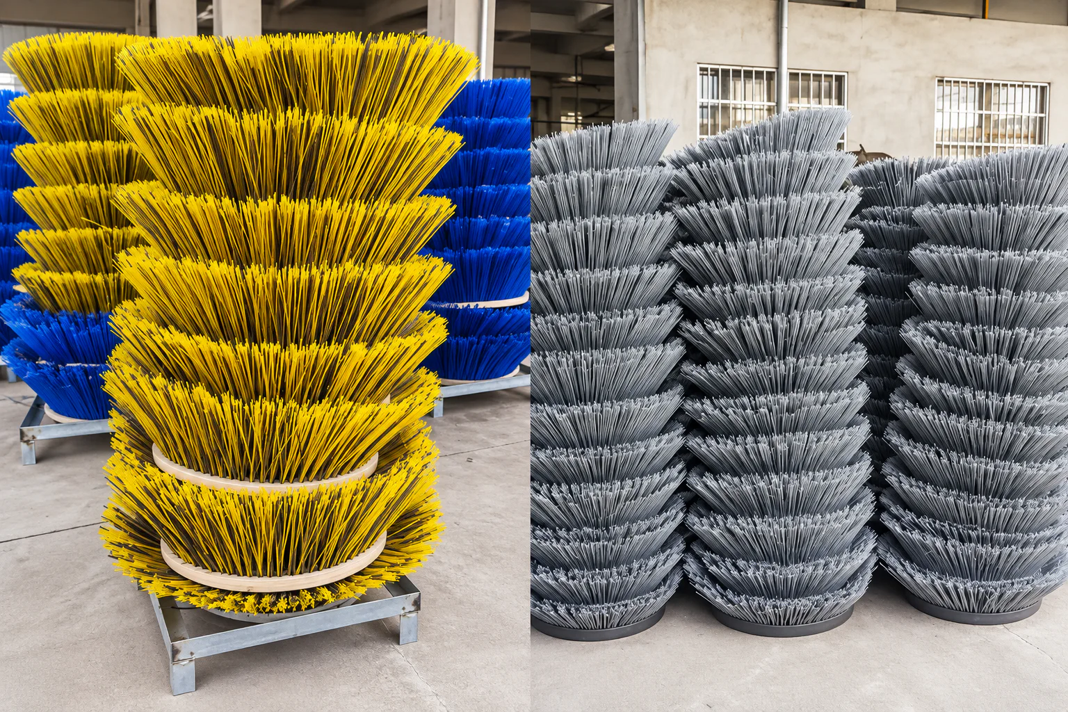 Batch-manufactured gutter brooms prepared for replacement supply