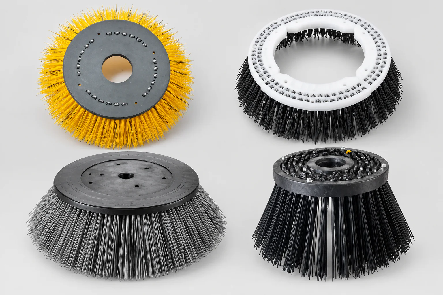Four replacement sweeper side brushes with different mounting plates and fill constructions