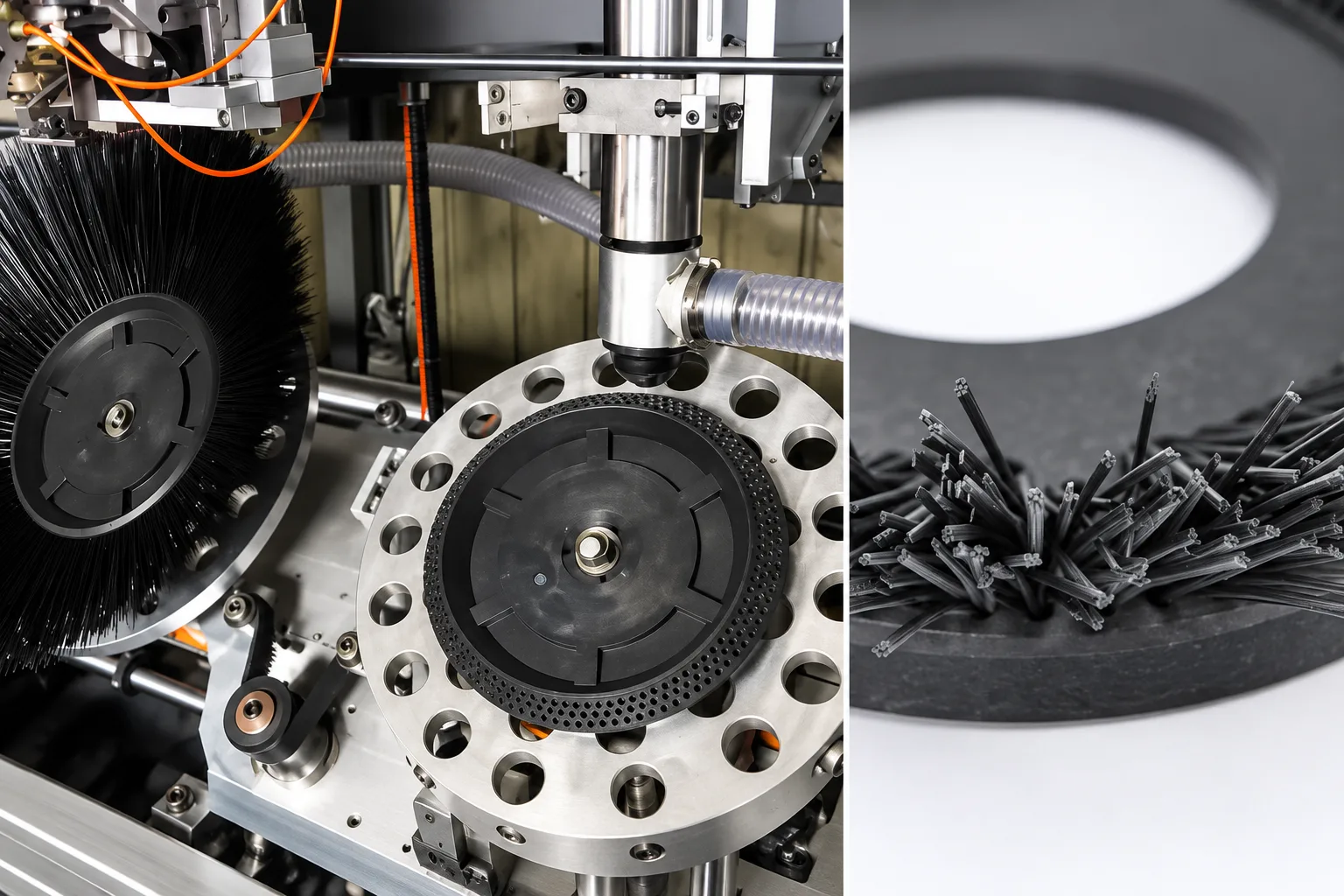 Close-up of black synthetic brush filaments beside circular side-brush production equipment