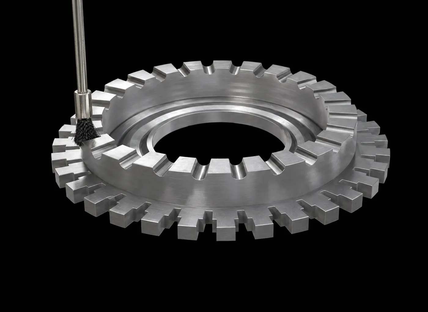 Aerospace turbine disk with brush tool for controlled deburring and finishing review