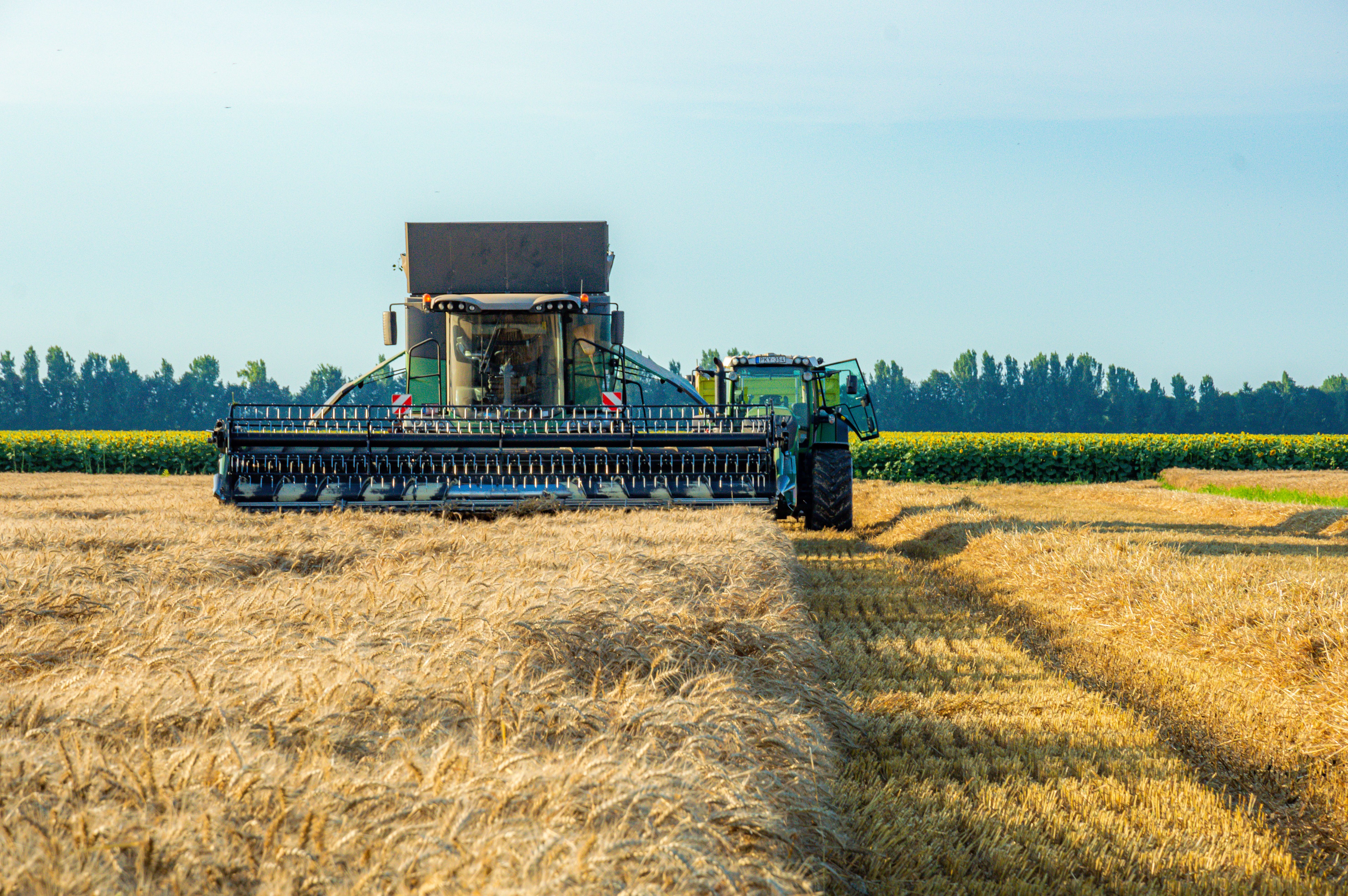 Combine harvester working in a field for agricultural machinery brush applications
