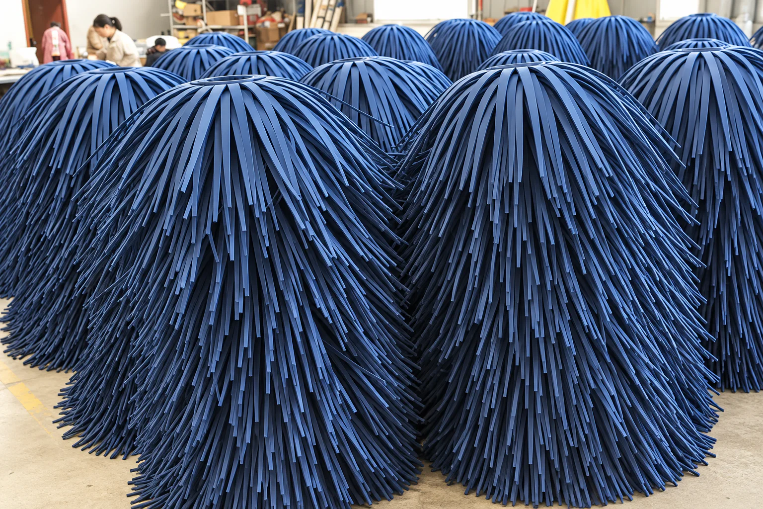Large-volume batch of EVA foam car wash brush assemblies in production