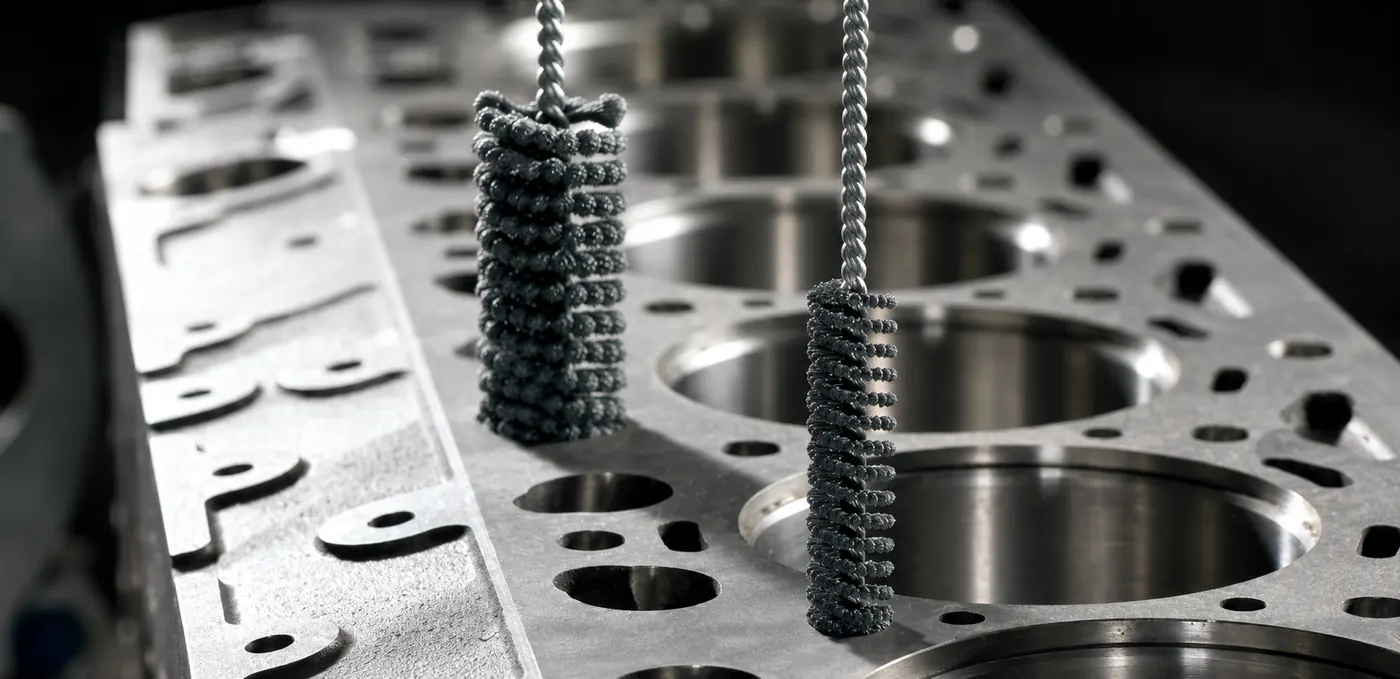 Automotive cross-hole and bore deburring brush used on machined component features