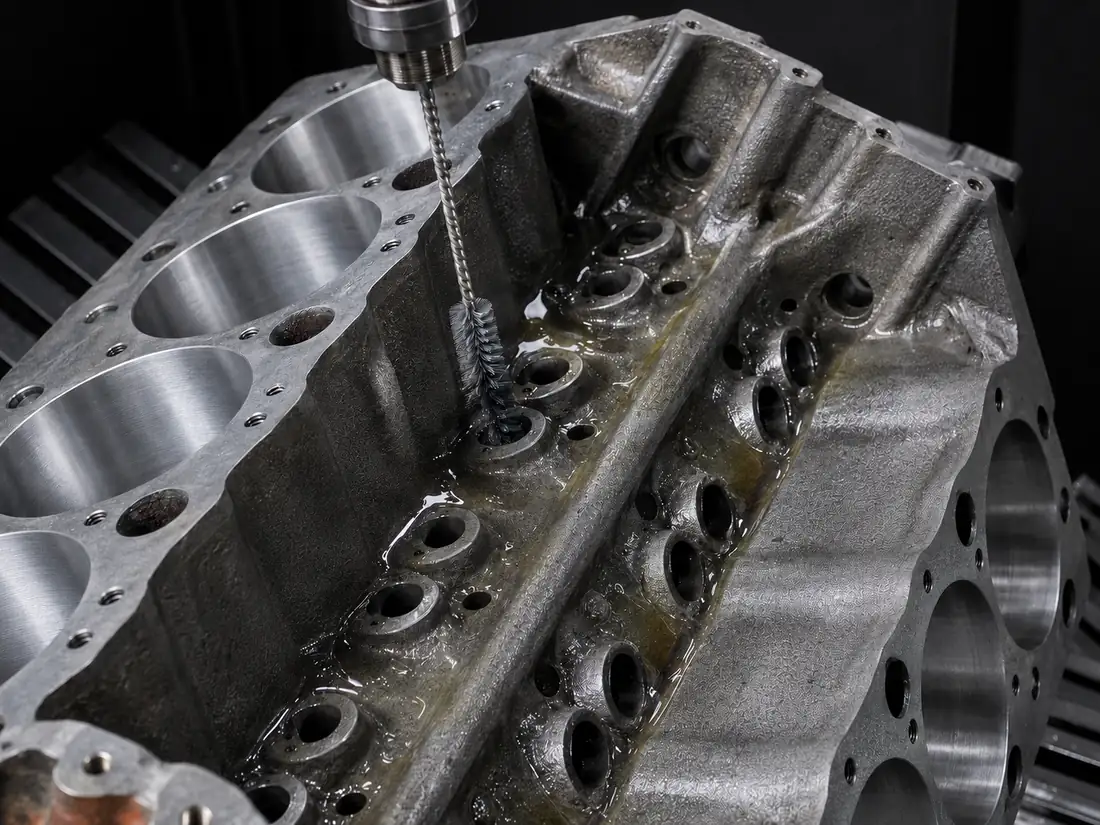 Automotive aluminum and EV component finishing brush application for machined parts