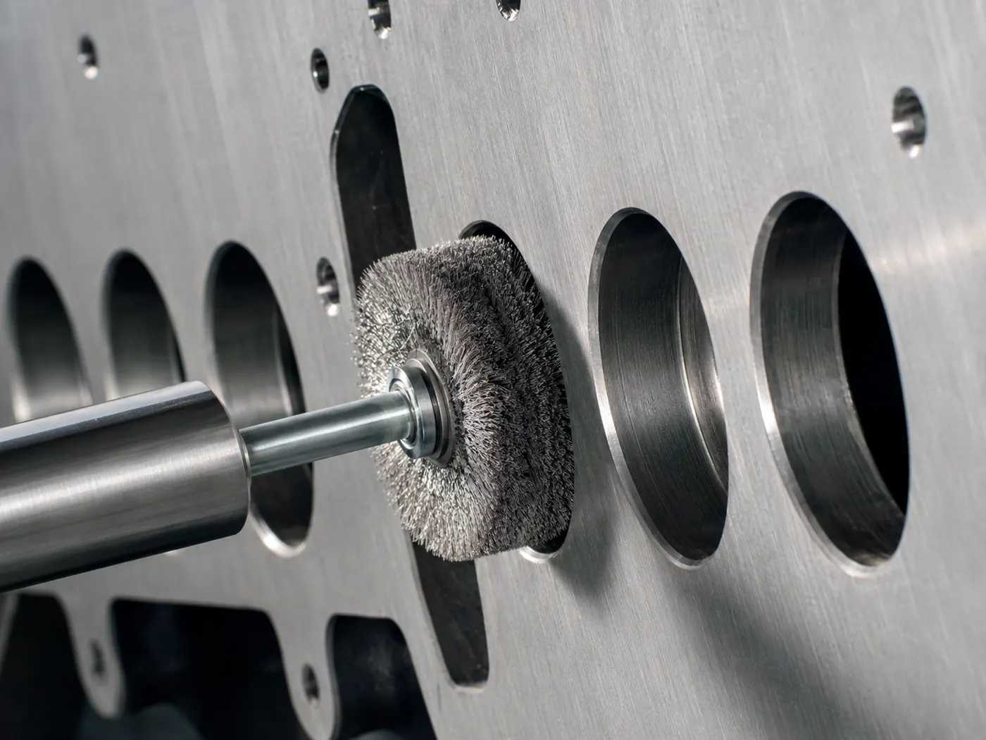 Internal deburring brush used for automotive fluid-carrying passages and bores