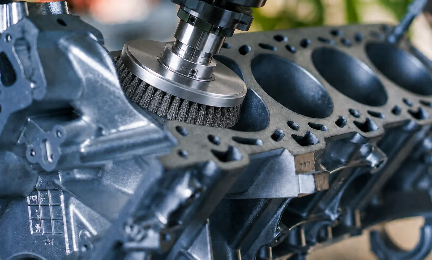 Automotive machined component with deburring brush used in parts manufacturing