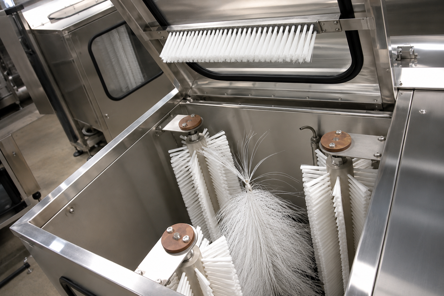 Brush assembly for defined cleaning positions in beverage equipment