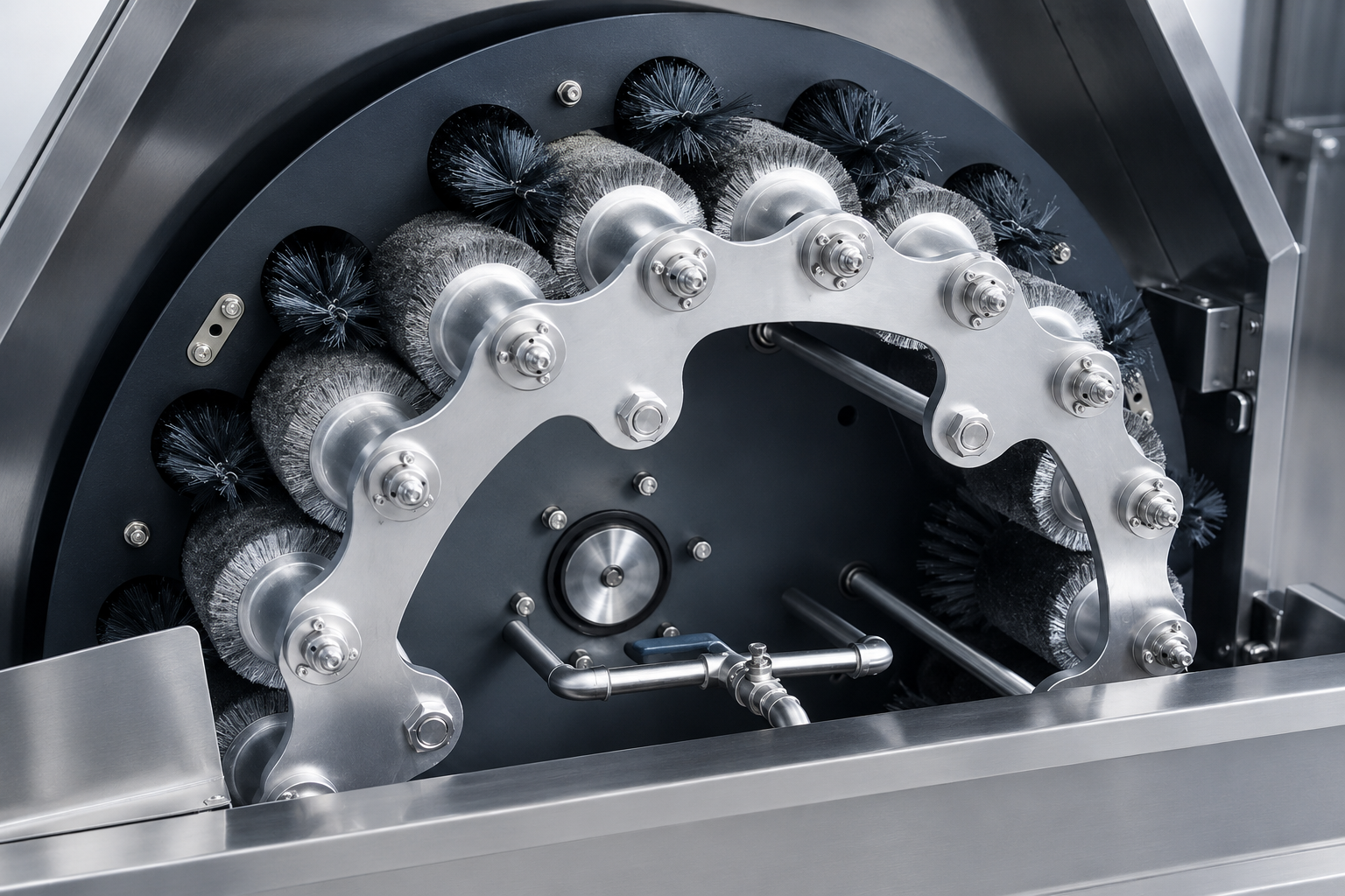 Rotary brush assembly for a beverage labeling equipment contact position