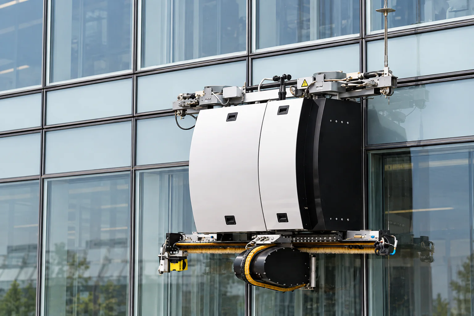 Powered brush cleaning system used on a high-rise building facade