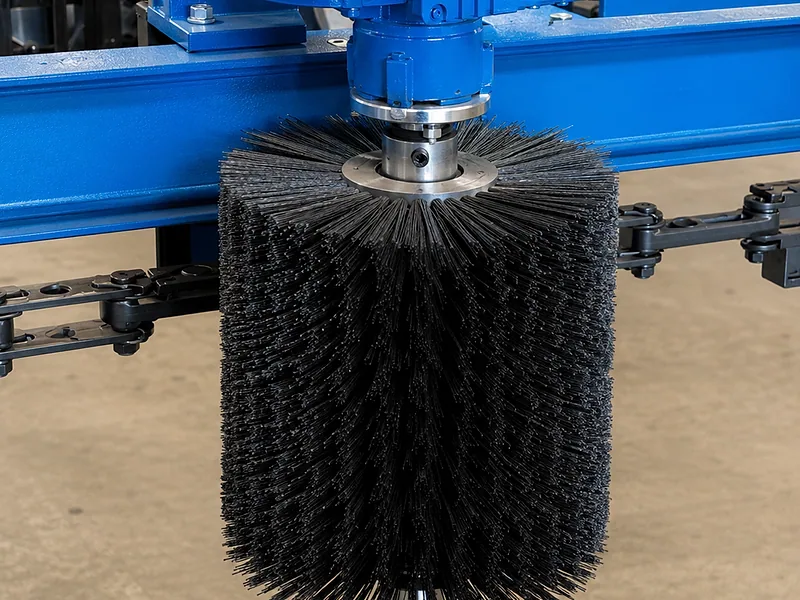 Under-belt conveyor brush cleaner cropped to remove third-party branding
