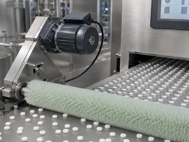 Conveyor brush feeding assembly guiding packaged rolls on a production line