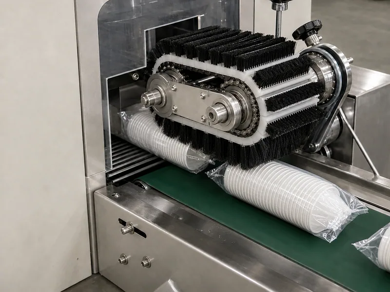 Conveyor brush assembly feeding tablets through packaging automation equipment