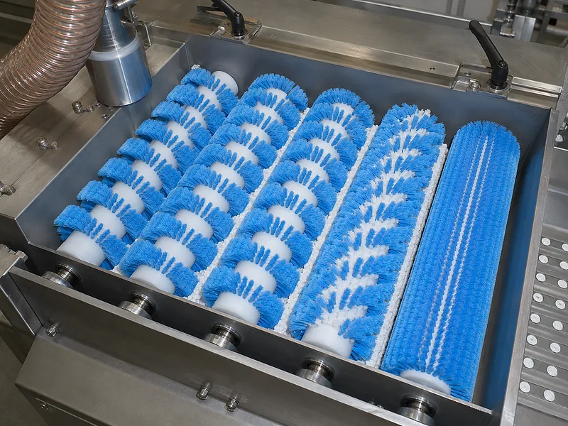 Multiple roller brushes arranged inside packaging machine equipment