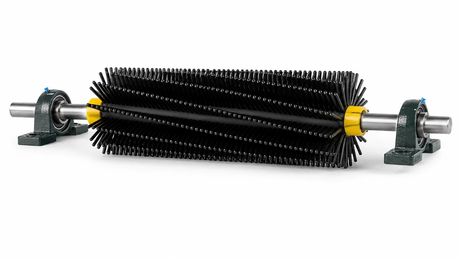 Custom nylon conveyor belt cleaner brush with shaft and mounted bearings