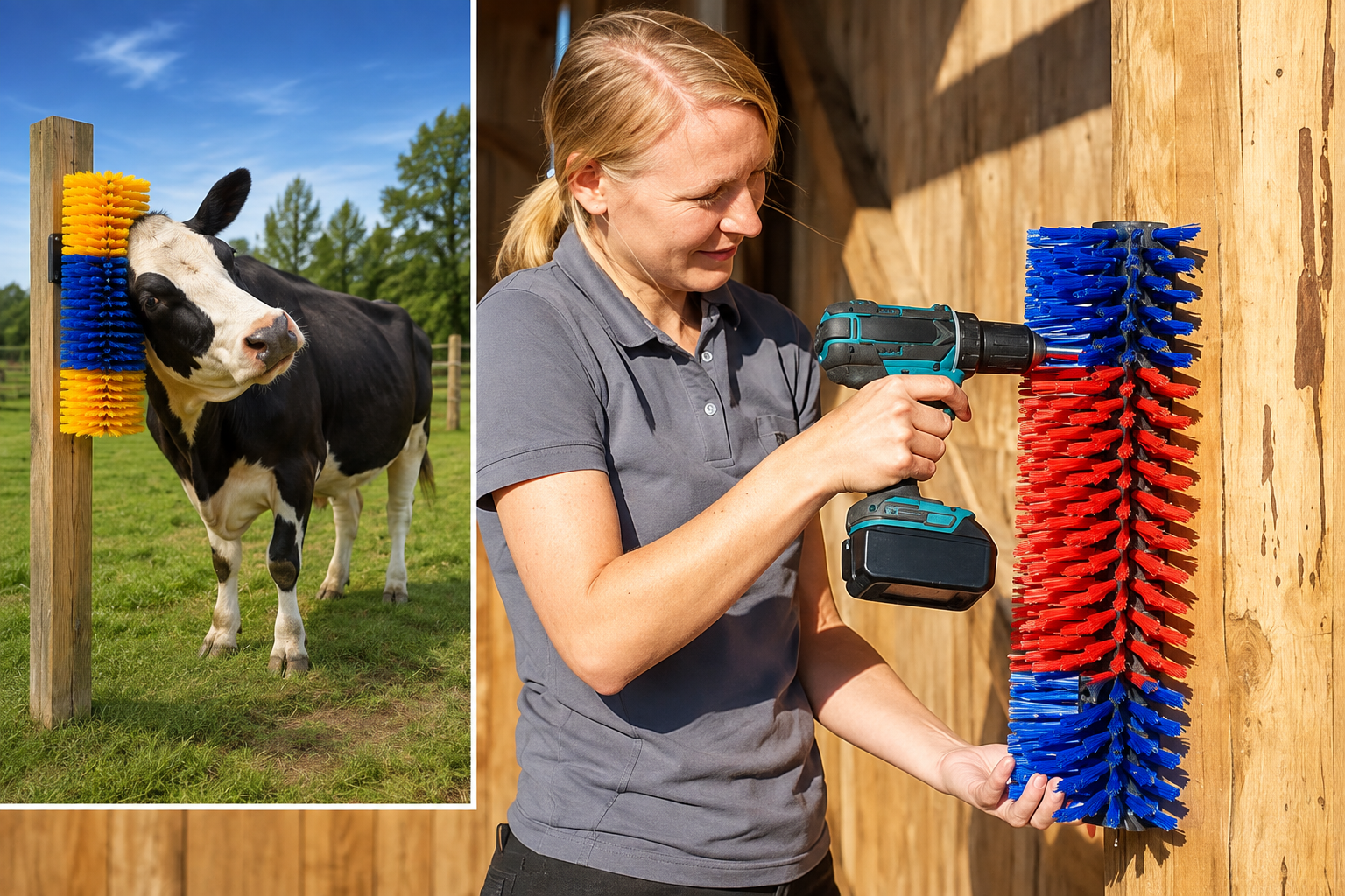 Fixed semi-circular livestock scratch brushes for wall or post mounting