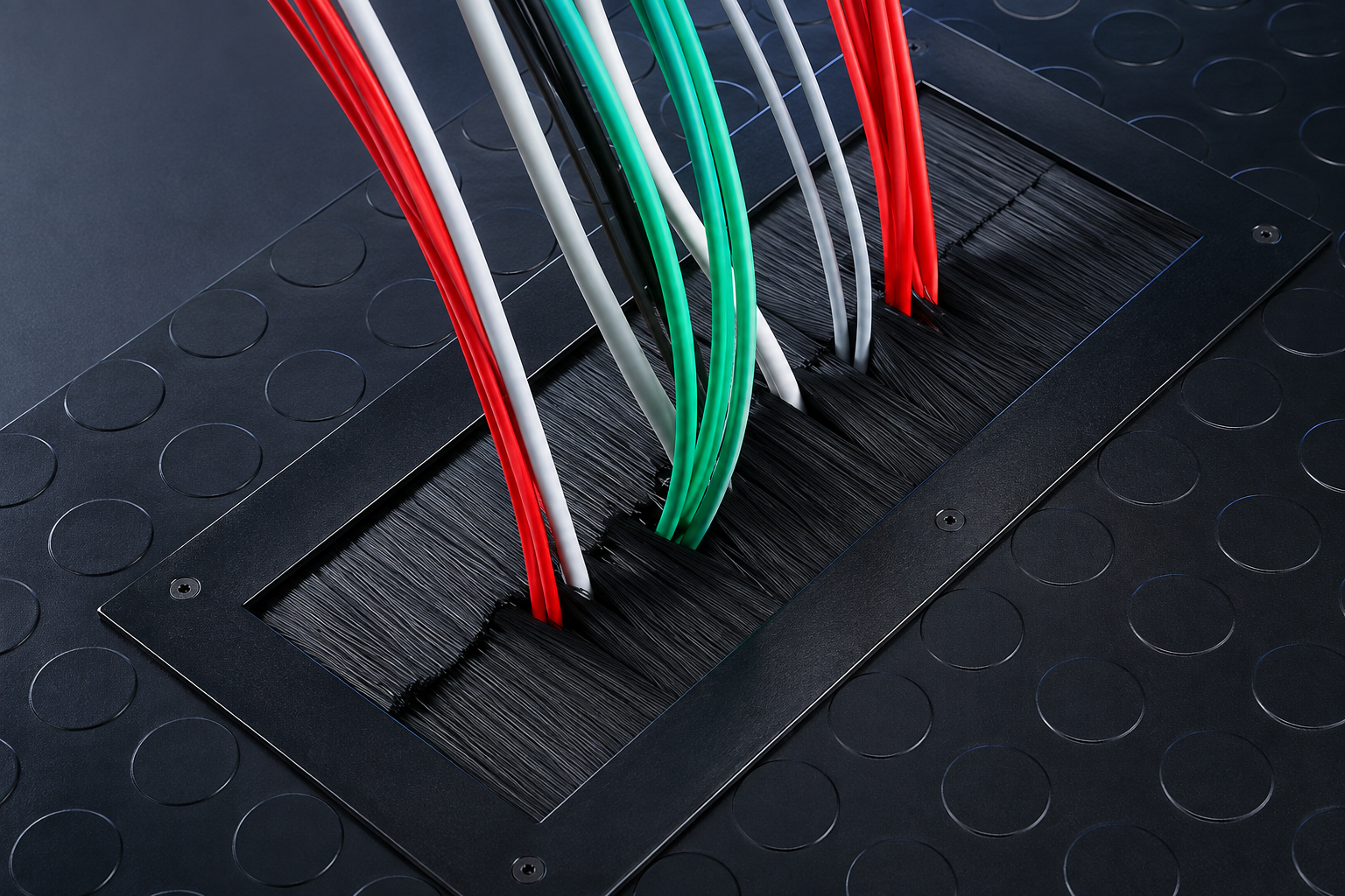 Brush grommet sealing a data center raised floor cable opening