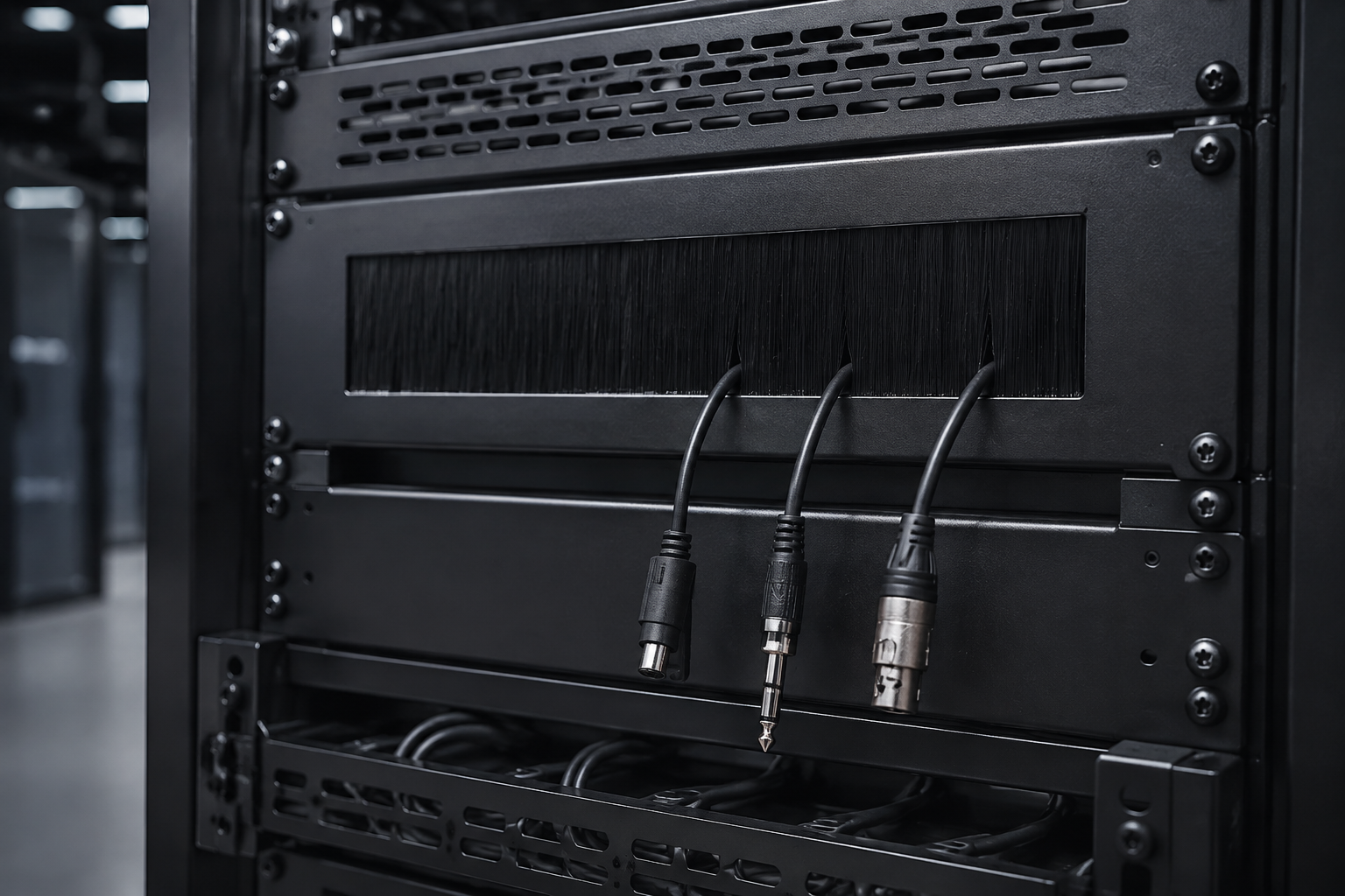 Rack brush panel providing a cable entry through a server rack