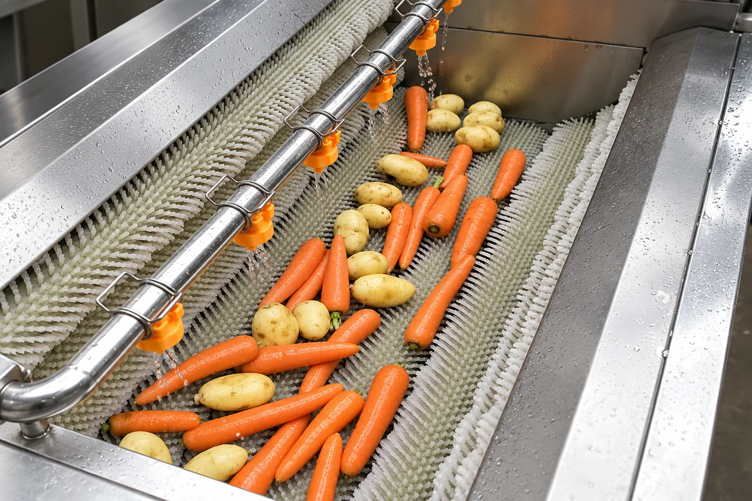 White roller brushes washing carrots and potatoes in food processing equipment